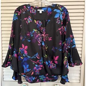 Bar III Satin Black/Multi Floral 3/4‎ Flutter Sleeve Blouse Size M Wrap Front